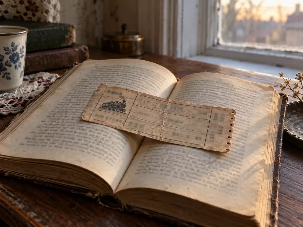 Пожелтевший железнодорожный билет лежит на раскрытой книге у окна