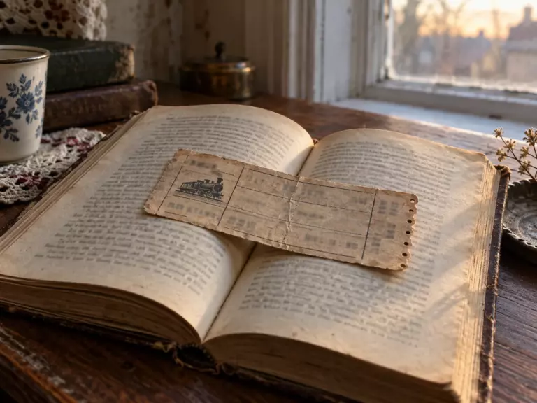 Пожелтевший железнодорожный билет лежит на раскрытой книге у окна