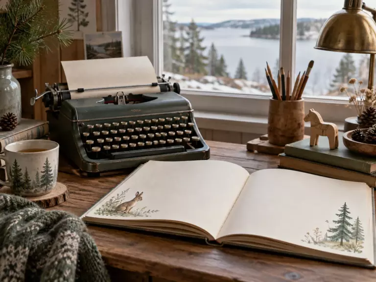 Печатная машинка и чистые страницы детской книги на письменном столе у окна